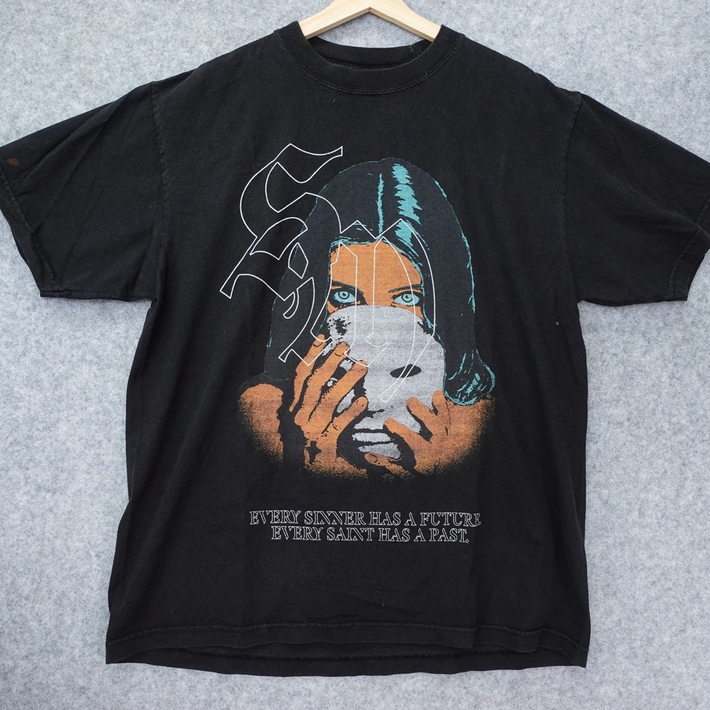 Sinner Saint Graphic T Shirt L Black Skater Grunge Y2K Streetwear Heavy Cotton